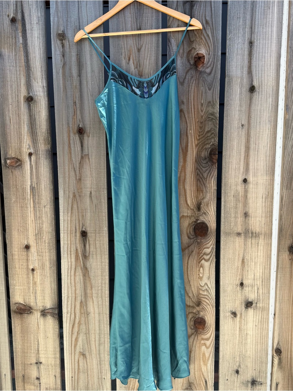 MENG silk maxi slip dress teal with art deco neckline One Size